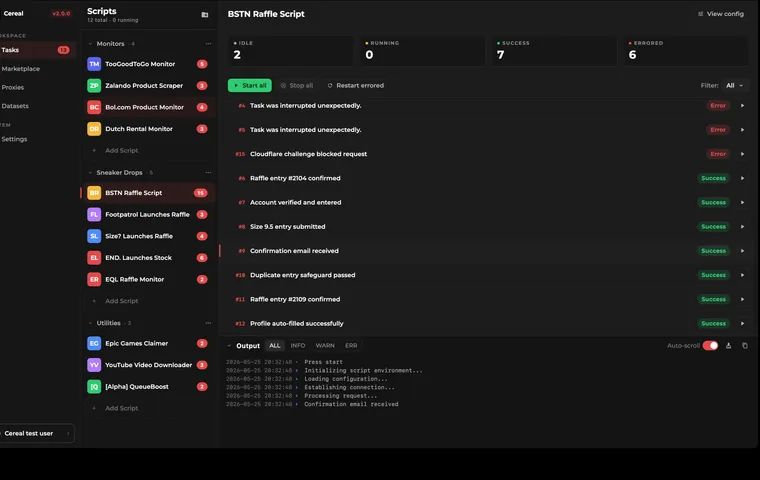 Cereal desktop app showing the task manager panel with running automation scripts