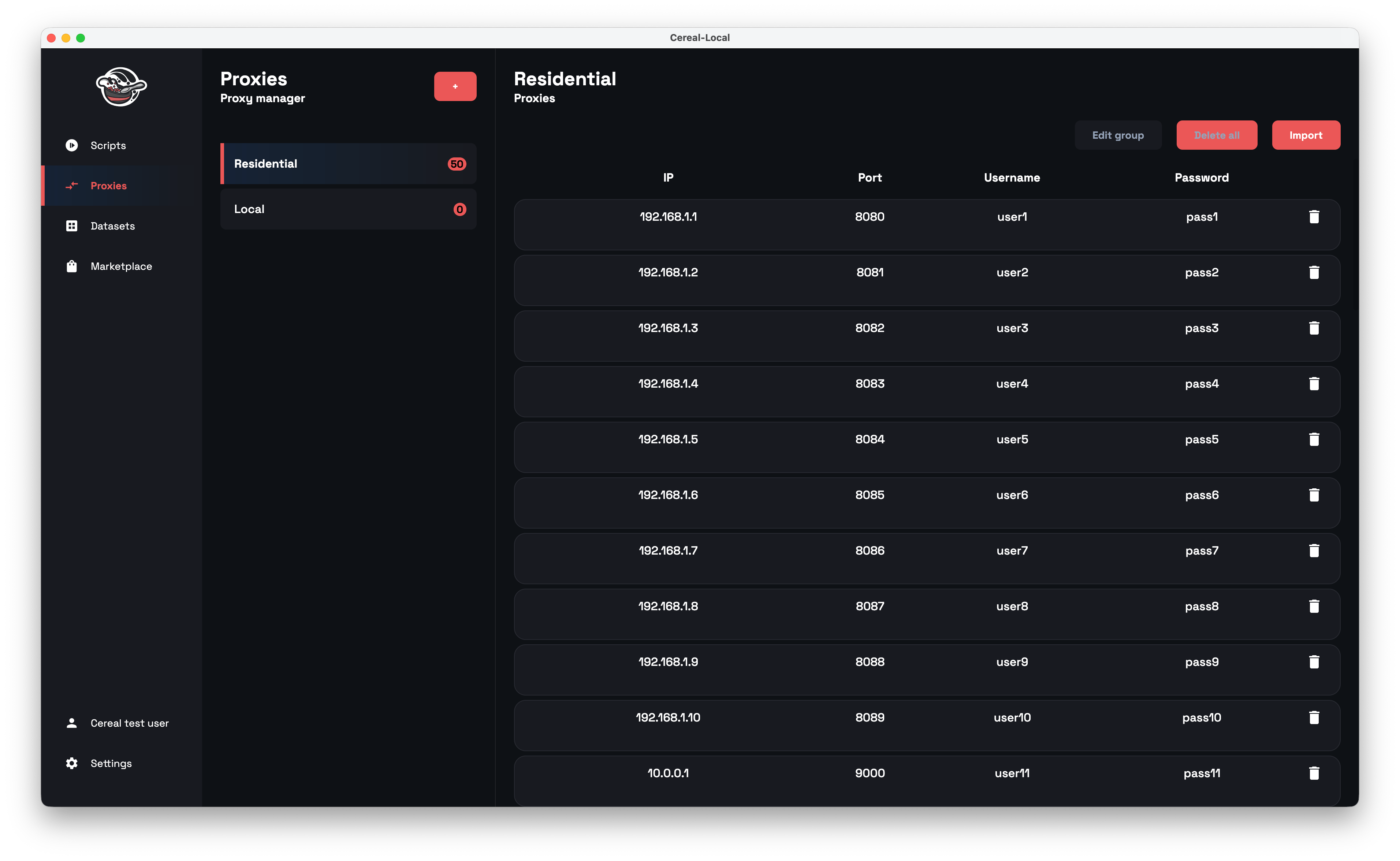 Cereal proxy manager panel showing proxy health checks and rotation settings